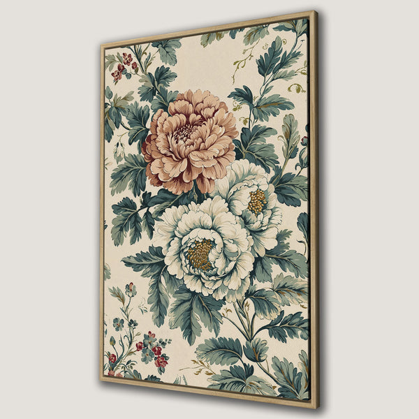 Framed Wall Art featuring a vintage floral design with peonies in a muted color palette of cream, teal, and brown. Perfect for adding a touch of elegance.