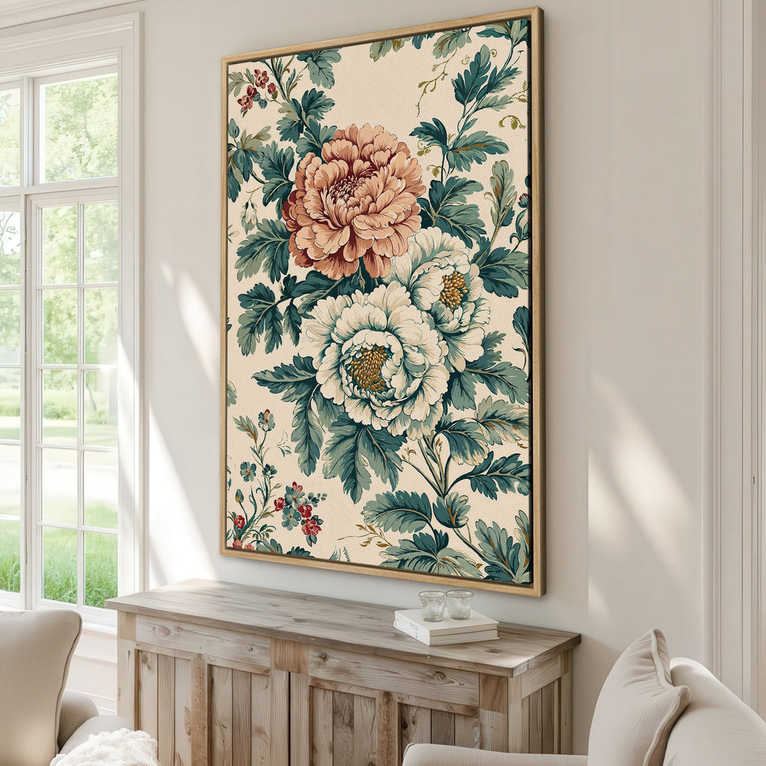 Framed Wall Art featuring a vintage floral design with blush, teal, and cream hues. Perfect for adding a touch of elegance to any room.