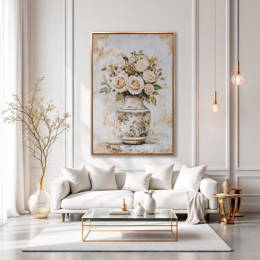 Framed Wall Art featuring a floral still life in a vase, displayed in a modern, neutral-toned interior. Elegant, soft color palette with gold accents.