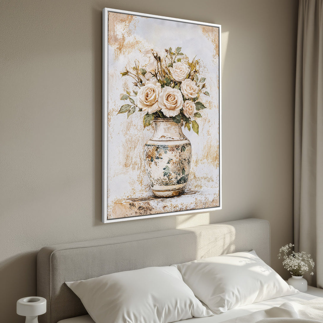 Framed Wall Art featuring a vintage floral still life in neutral tones. Perfect for adding elegance to any bedroom decor.