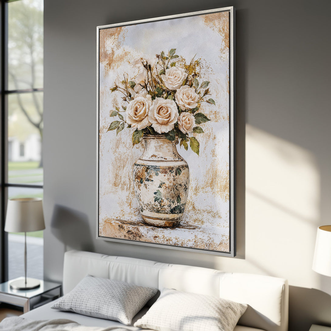 Framed Wall Art of roses in a vase. Elegant floral canvas print with a neutral, warm color palette. Perfect for adding a touch of sophistication to any room.
