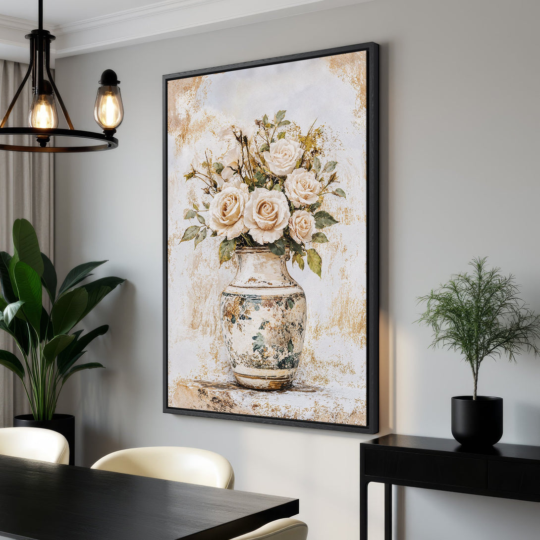 Framed Wall Art featuring a floral still life with roses in a vase. Elegant, vintage style with a neutral, warm color palette. Perfect for home decor.