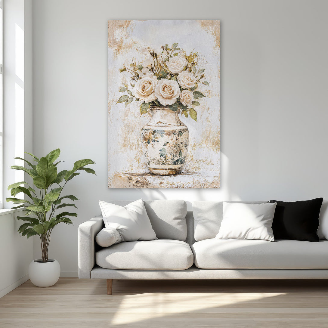 Framed Wall Art: Elegant floral Canvas Print featuring roses in a vase, with a warm beige and gold color palette. Perfect for adding a touch of luxury to any space.