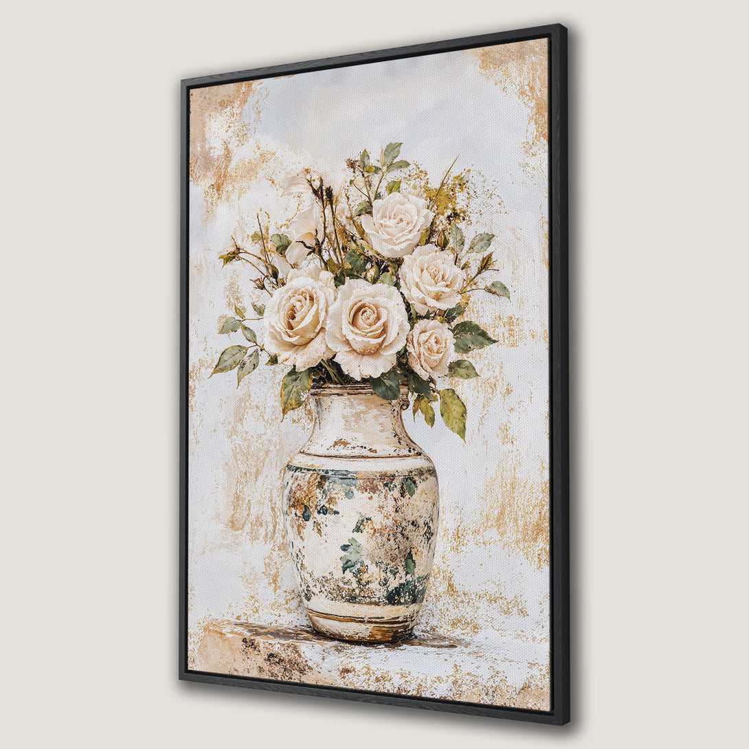 Framed Wall Art Canvas Print of elegant roses in a vase. Vintage style, neutral color palette with cream, gold, and green tones. Perfect home decor.
