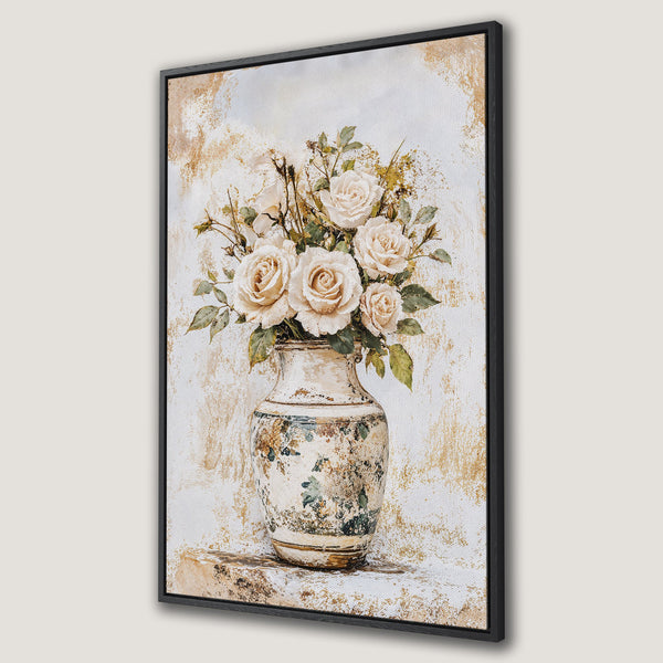 Framed Wall Art Canvas Print of elegant roses in a vase. Vintage style, neutral color palette with cream, gold, and green tones. Perfect home decor.