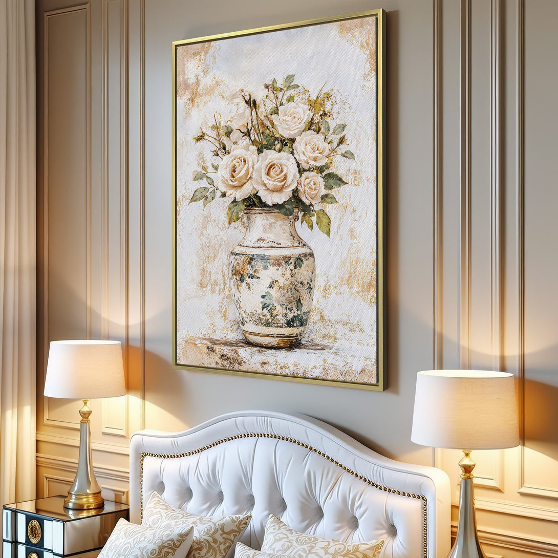 Canvas Print featuring a vintage floral still life in neutral tones. Perfect wall art for a cozy, elegant living room.
