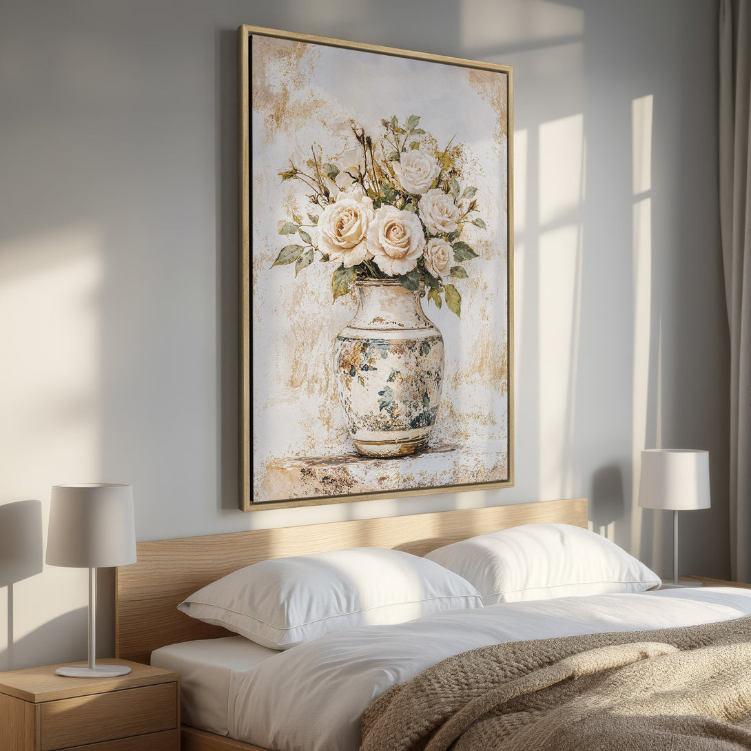 Framed Wall Art: Elegant floral still life in a soft, neutral color palette. Perfect for adding a touch of sophistication to any bedroom.