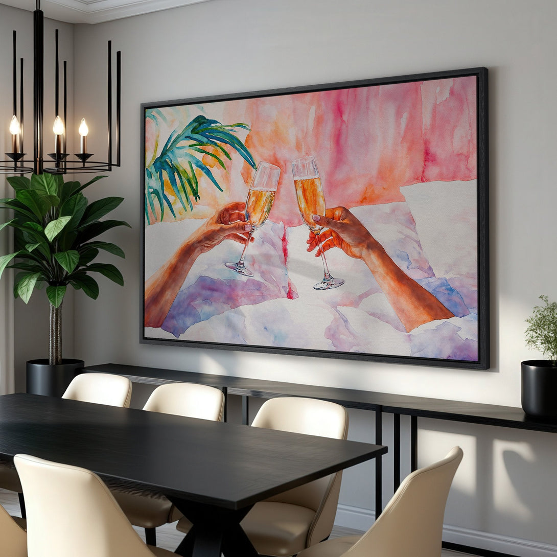 Framed Wall Art: Watercolor painting of champagne toast in pink & orange hues. Modern art for dining room. Elevate your space with this stylish canvas print.