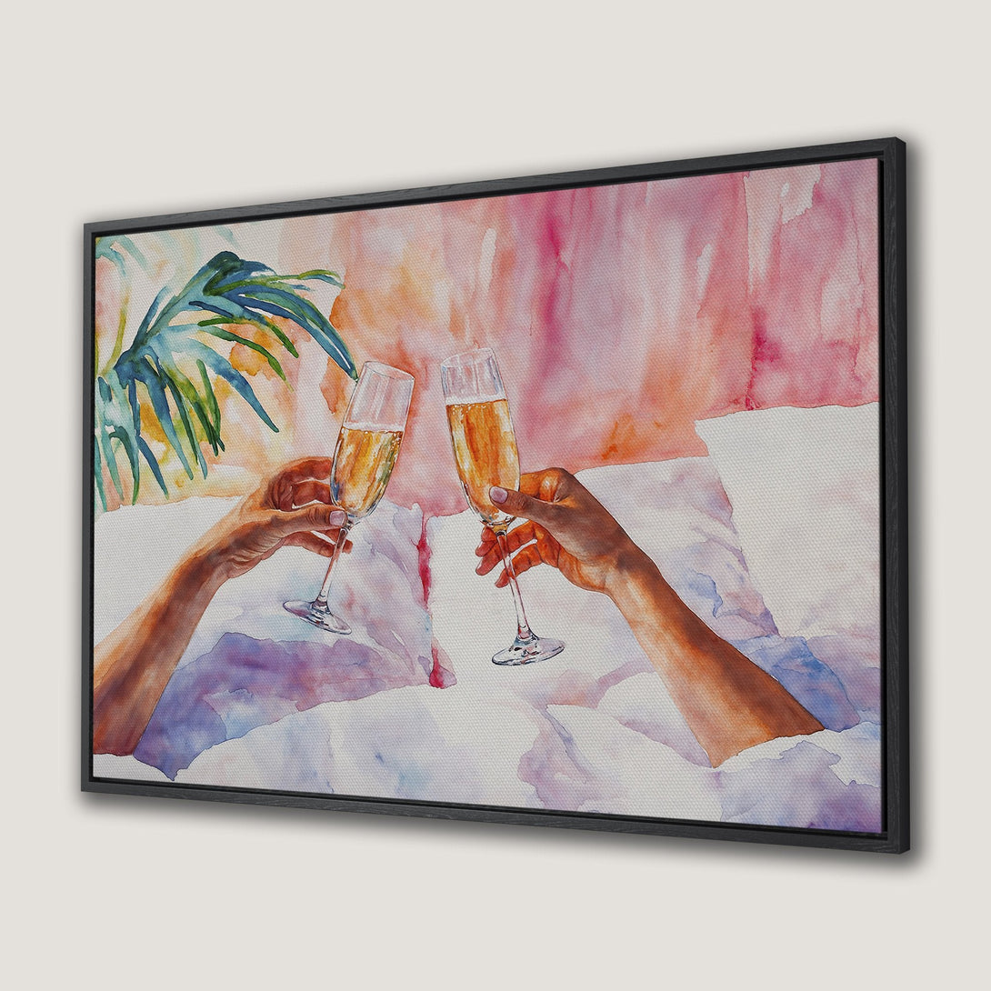 Framed Wall Art: Watercolor painting of champagne toast. Pink, orange, and purple hues. Modern, elegant decor for your living room or bedroom.