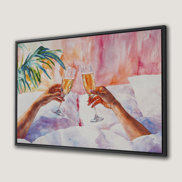 Framed Wall Art: Watercolor painting of champagne toast. Pink, orange, and purple hues. Modern, elegant decor for your living room or bedroom.