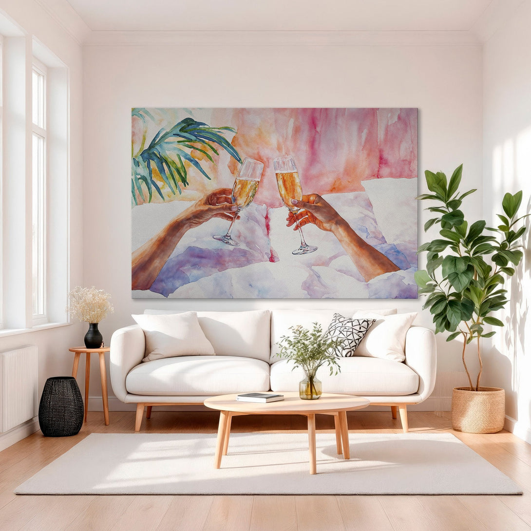 Framed Wall Art: Watercolor champagne toast artwork in a luxurious living room, featuring a vibrant pink, orange, and blue color palette. Elevate your space!