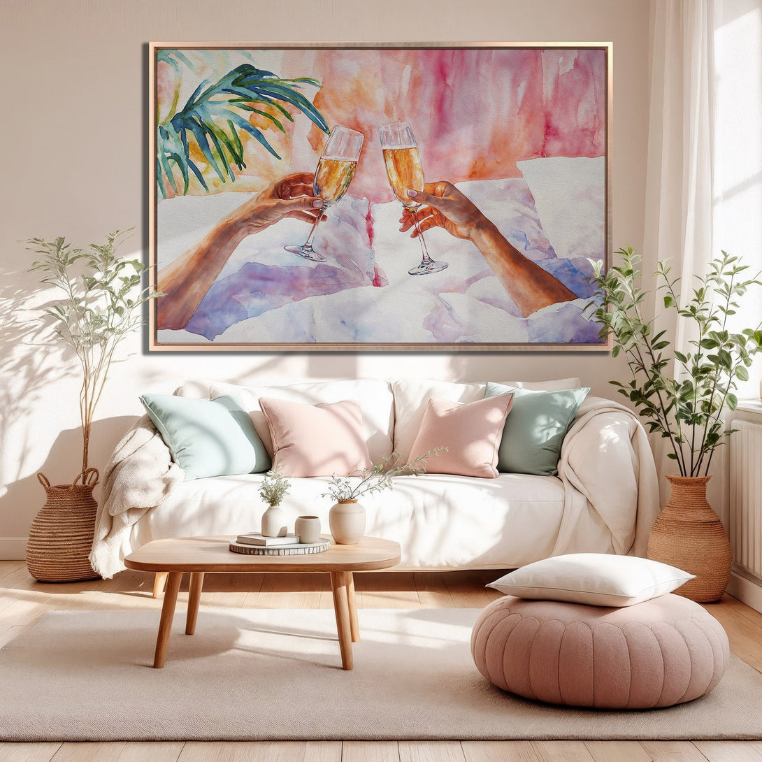 Framed Wall Art featuring a watercolor painting of champagne glasses. Soft pink, peach, and blue tones create a relaxing, elegant atmosphere. Perfect for any home!