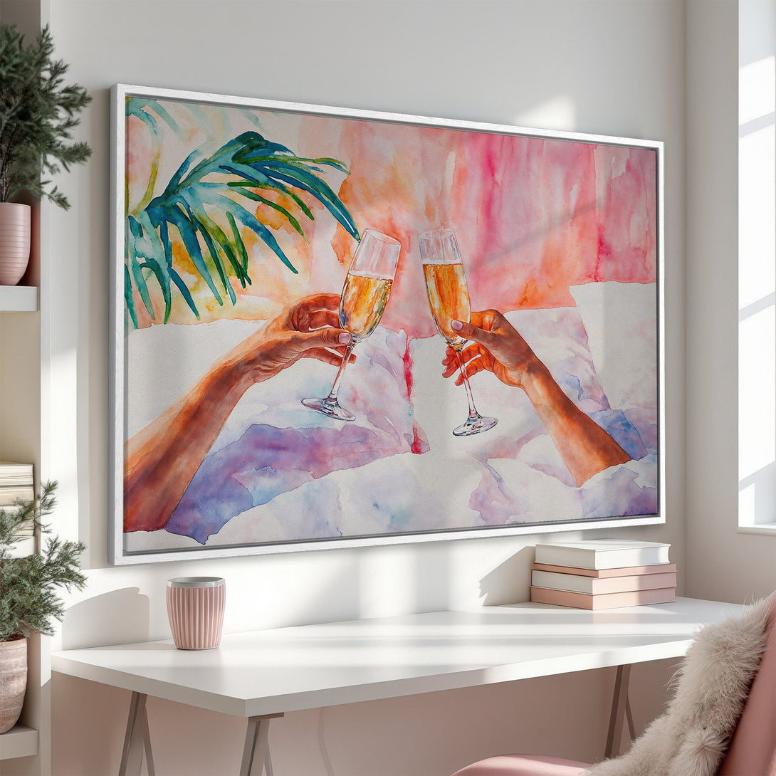 Framed Wall Art: Watercolor painting of champagne toast in pink and orange hues. Modern art for a stylish interior.