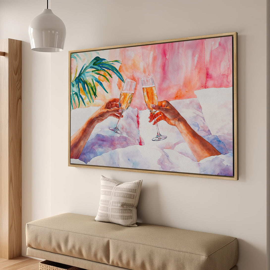 Framed Wall Art: Watercolor painting of champagne toast in pink & orange hues. Perfect for a modern interior. Elevate your space with this vibrant artwork!