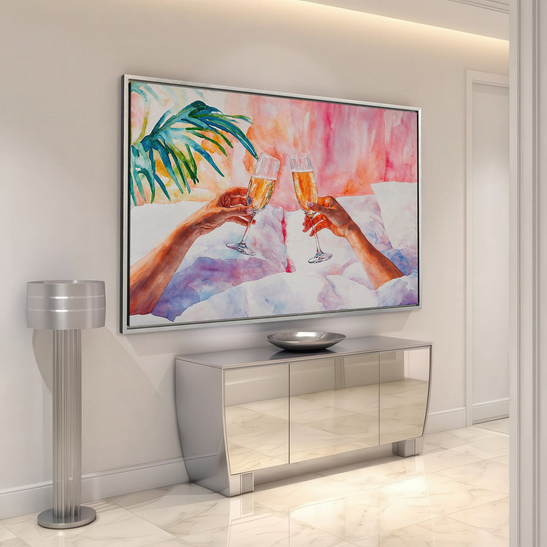 Framed Wall Art: Watercolor painting of champagne toast in a modern interior. Features pink, blue, and green hues, perfect for adding a touch of elegance.