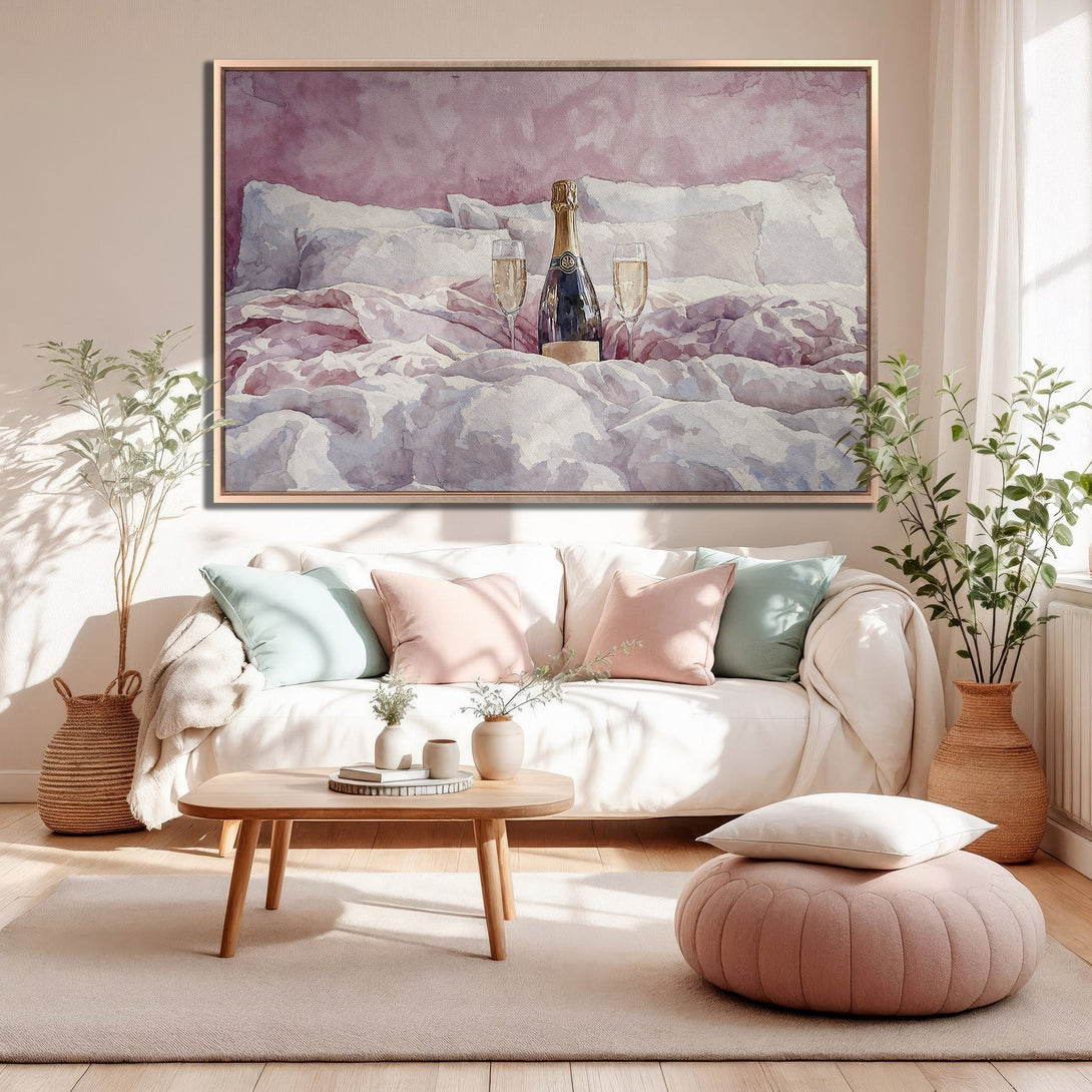 Framed Wall Art: Watercolor painting of champagne on a bed, soft pink and white color palette. Perfect for bedroom decor.