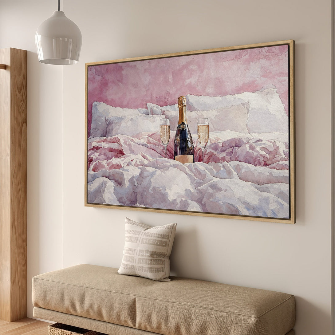 Framed Wall Art: Watercolor painting of champagne on a bed with pink and white hues. Perfect for bedroom decor. Add a touch of elegance to your space!