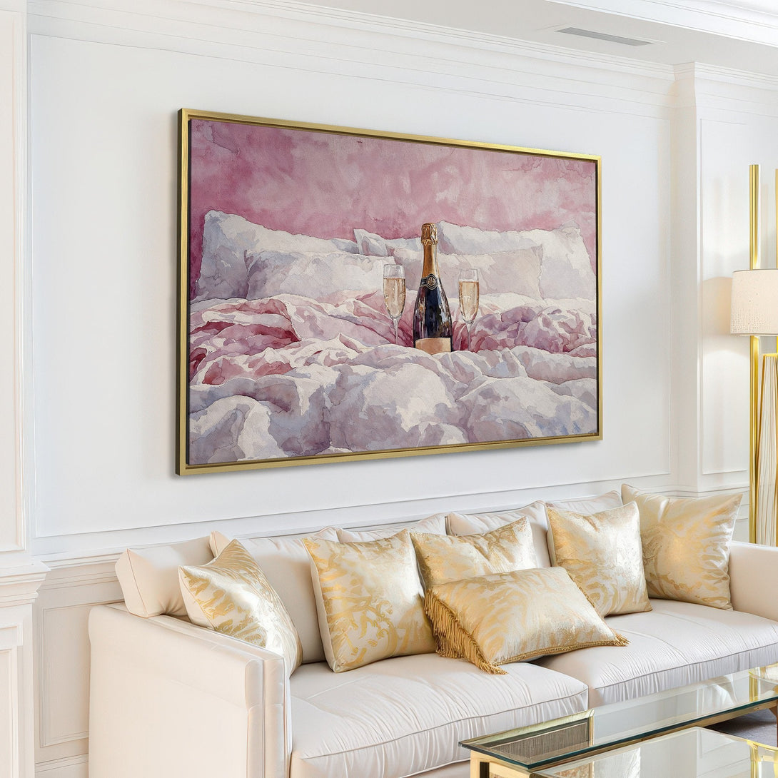 Canvas Print featuring a watercolor-style champagne scene in a bedroom, with a soft pink and white color palette, perfect for adding elegance.