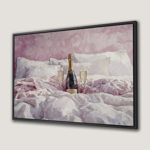 Framed Wall Art: Watercolor champagne scene in pink & white. Romantic bedroom decor, perfect for a touch of luxury and elegance. Add this canvas print to your space!