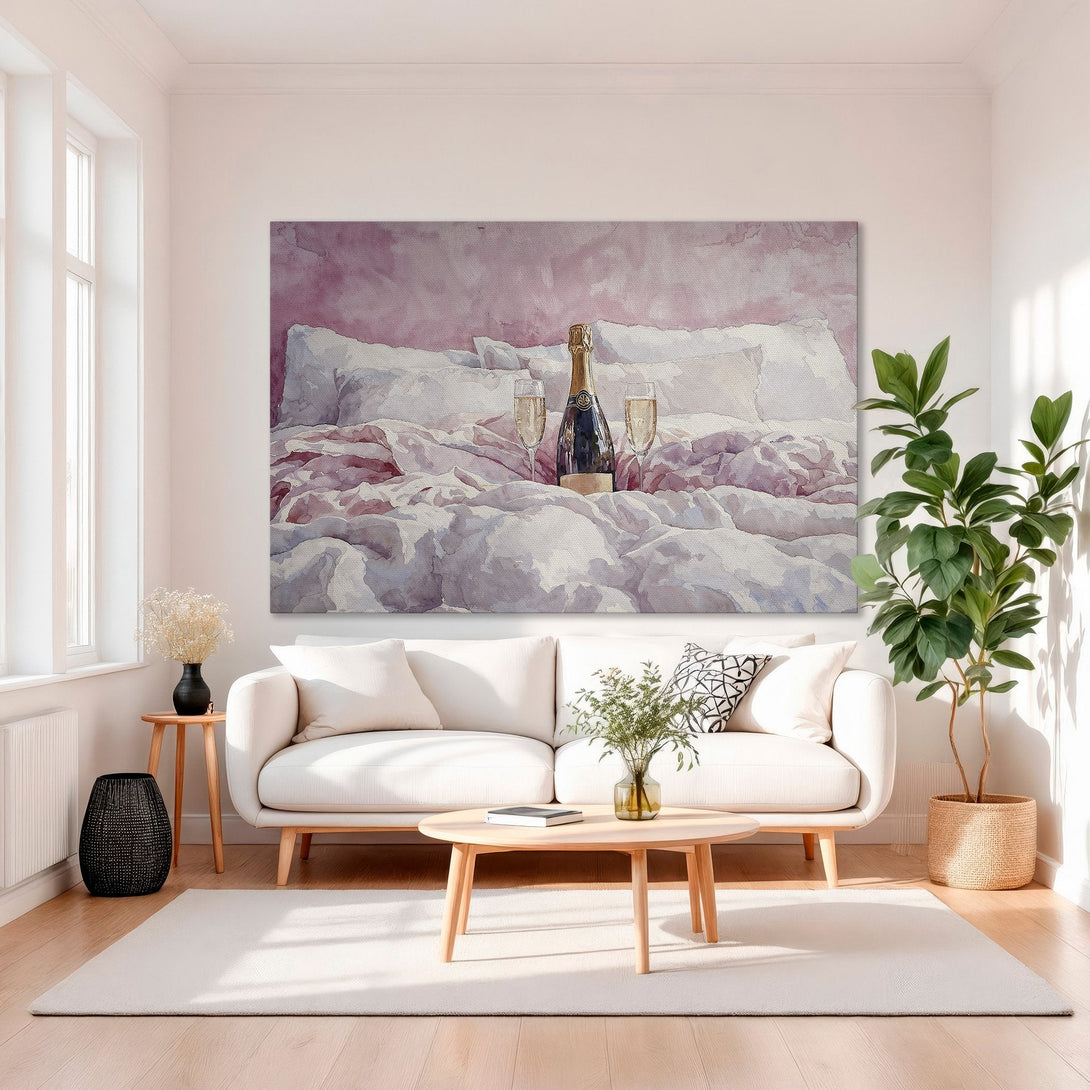 Framed Wall Art featuring a watercolor champagne scene in pink and white tones. Perfect for adding a touch of elegance to your home decor.