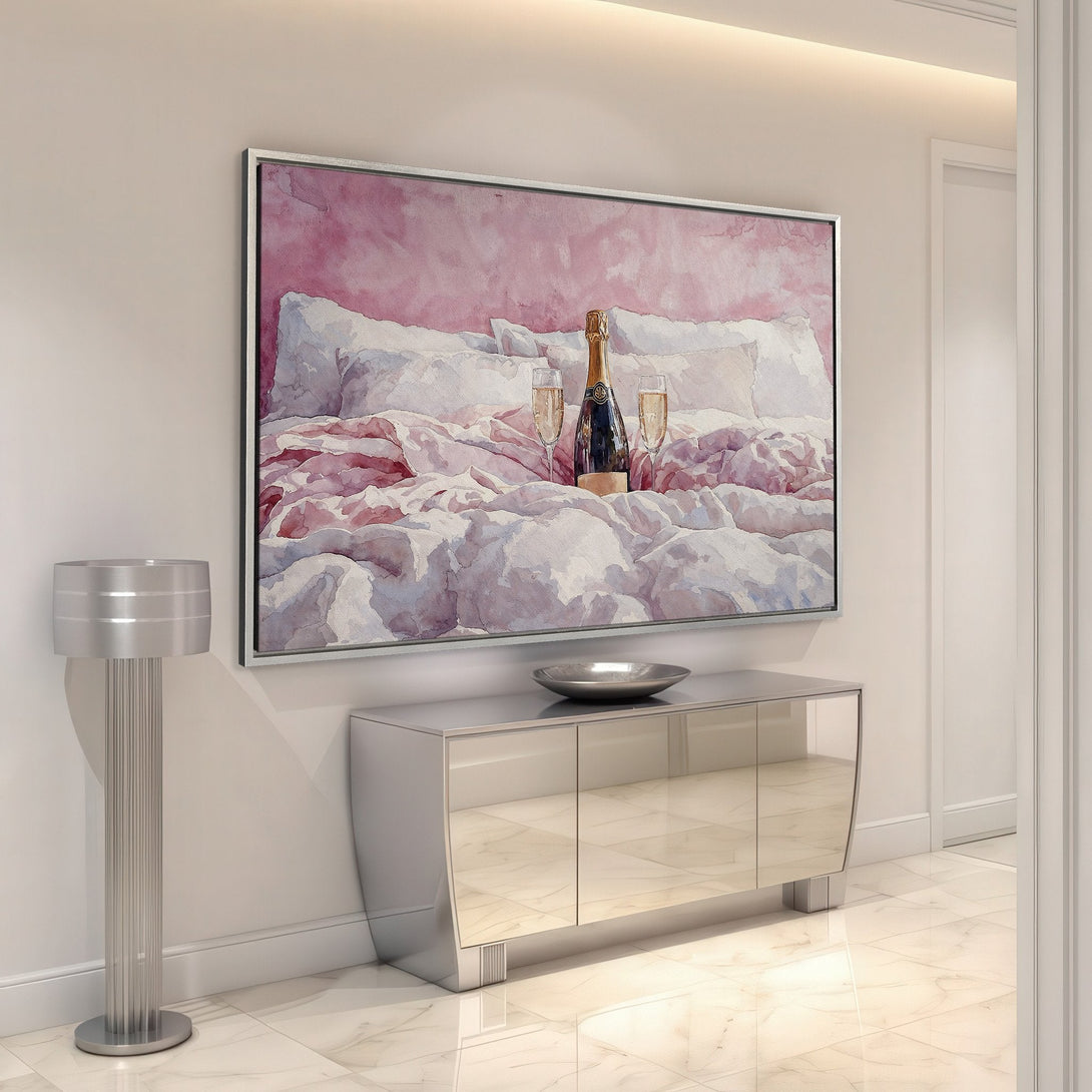 Framed Wall Art: Watercolor painting of champagne on bed, soft pink and white color palette. Perfect for bedroom decor. Elevate your space with this Canvas Print.