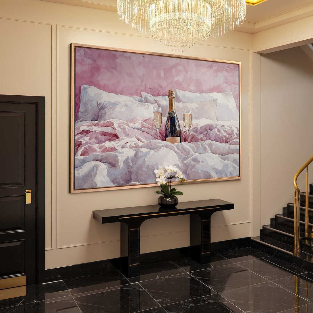 Framed Wall Art: Watercolor painting of champagne on a bed, soft pink & white tones. Elevate your space with this elegant artwork.