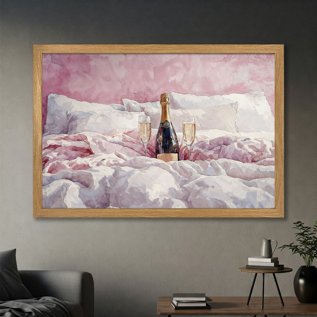 Framed Poster featuring a champagne bottle on a bed, watercolor style, soft pink and white palette. Perfect for bedroom decor.