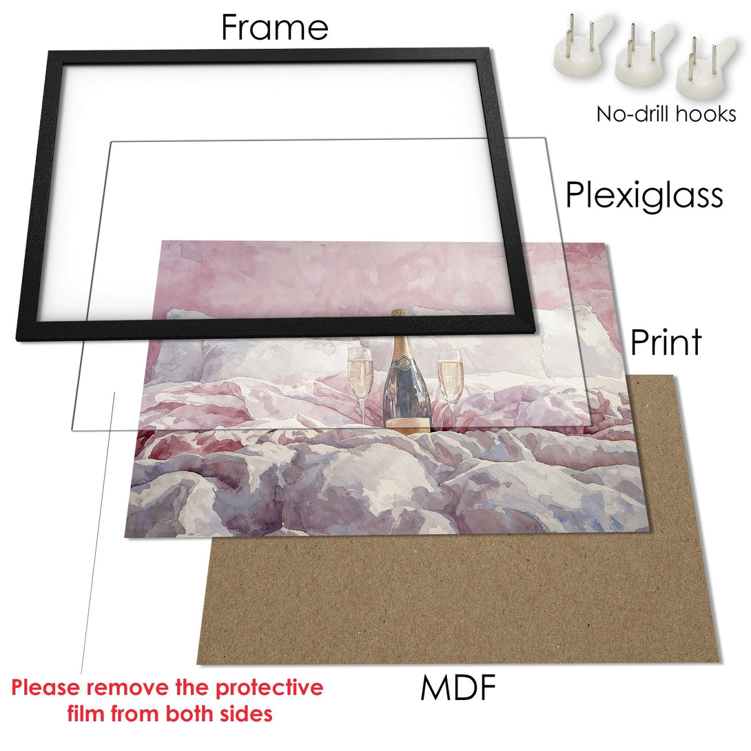 Framed Poster featuring a watercolor style champagne scene in a soft pink and white color palette. Perfect wall art!