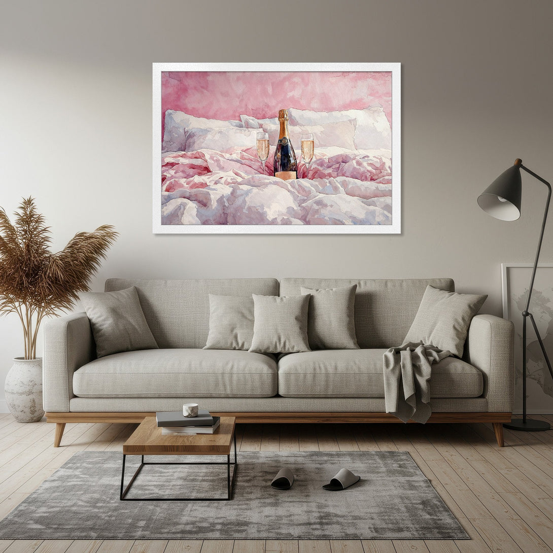Framed Poster featuring a watercolor painting of champagne on a bed. Soft pink and white palette. Perfect for bedroom decor.