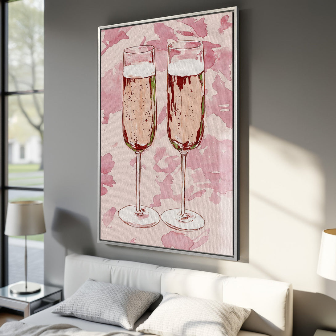 Framed Wall Art featuring watercolor champagne flutes in pink tones. Perfect for adding a touch of elegance to any room. Shop now!