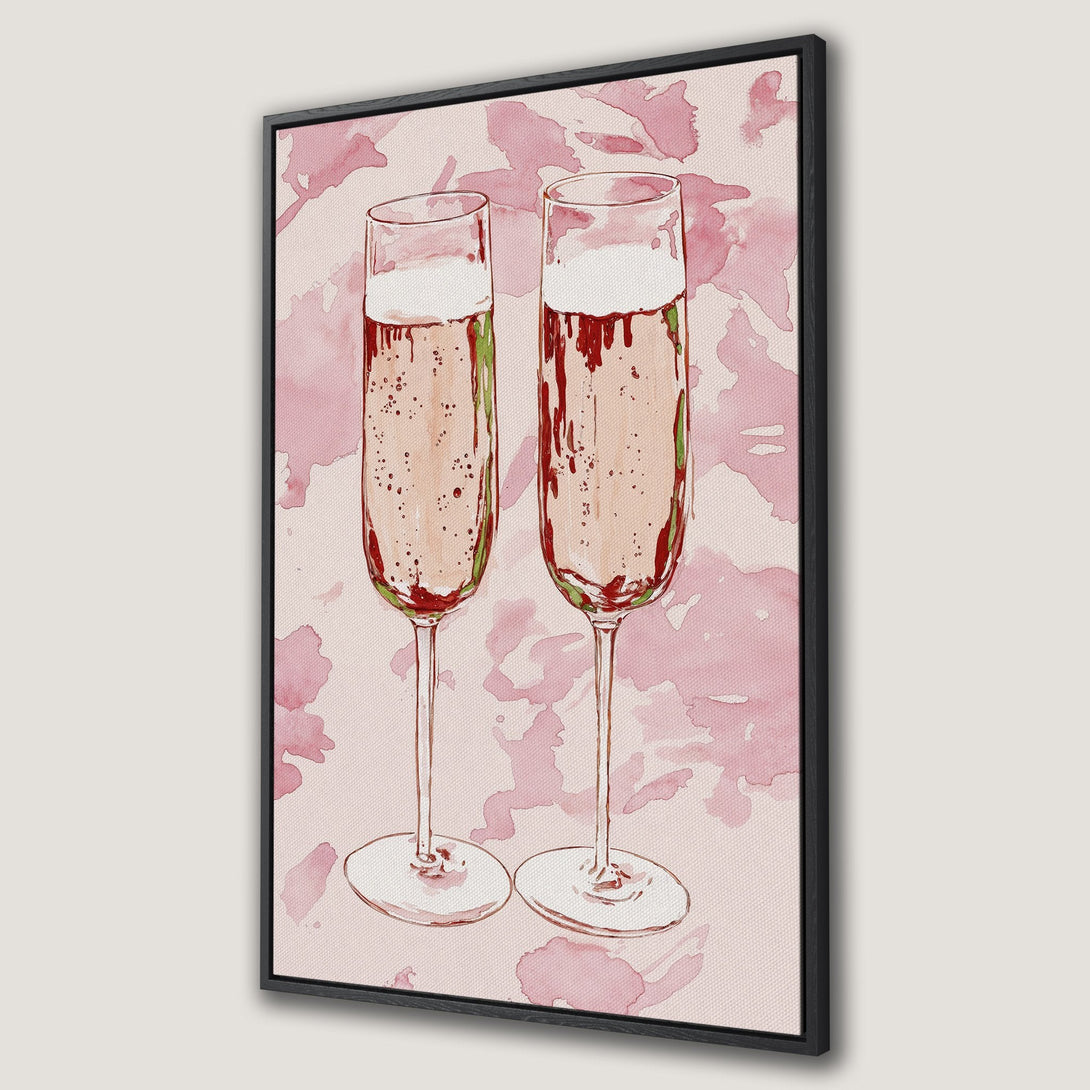 Framed Wall Art featuring watercolor champagne flutes in pink and red hues. Elegant wall decor for your home.