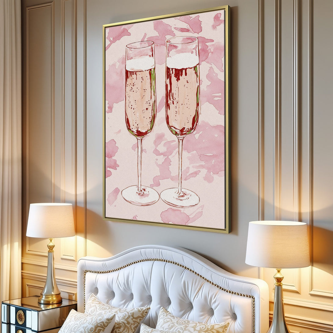 Canvas Print of champagne flutes in a watercolor style with a pink and neutral color palette, perfect for adding elegance to any space.