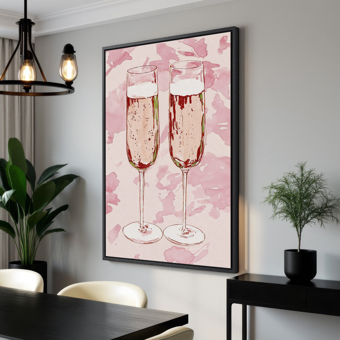 Framed Wall Art featuring watercolor champagne glasses in pink tones. Stylish art for dining room decor. Elevate your space with this elegant Canvas Print.