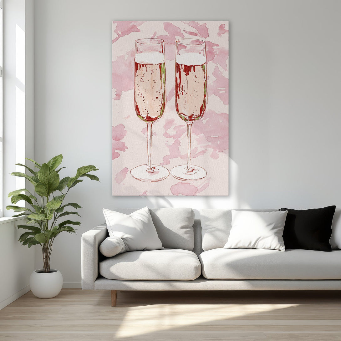 Framed Wall Art: Watercolor champagne flutes in pink hues. Add elegance to your space with this stylish canvas print. Perfect for bedroom decor.