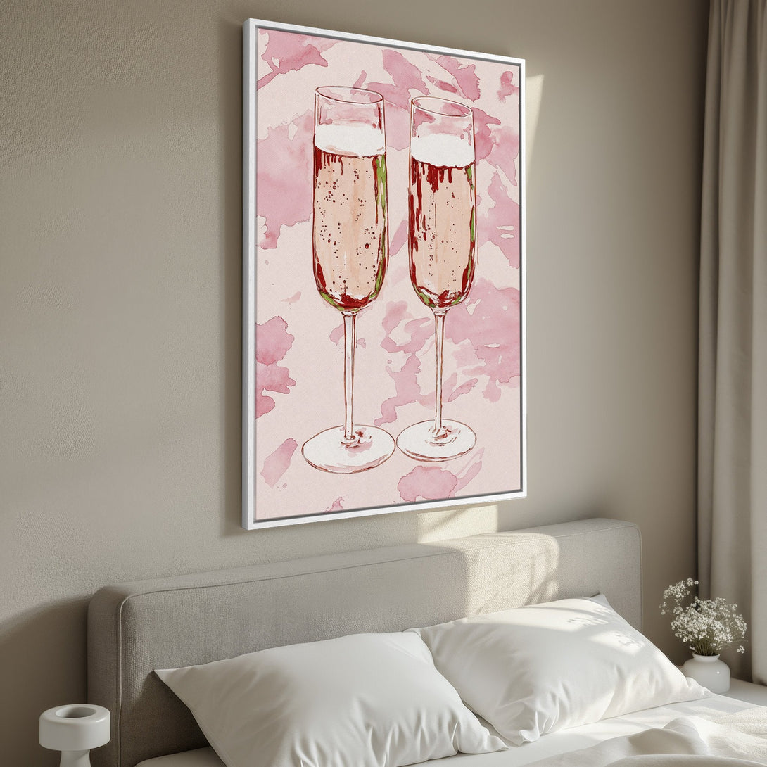 Framed Wall Art: Watercolor champagne flutes in pink tones. Perfect for adding a touch of elegance to your bedroom decor. Shop now!