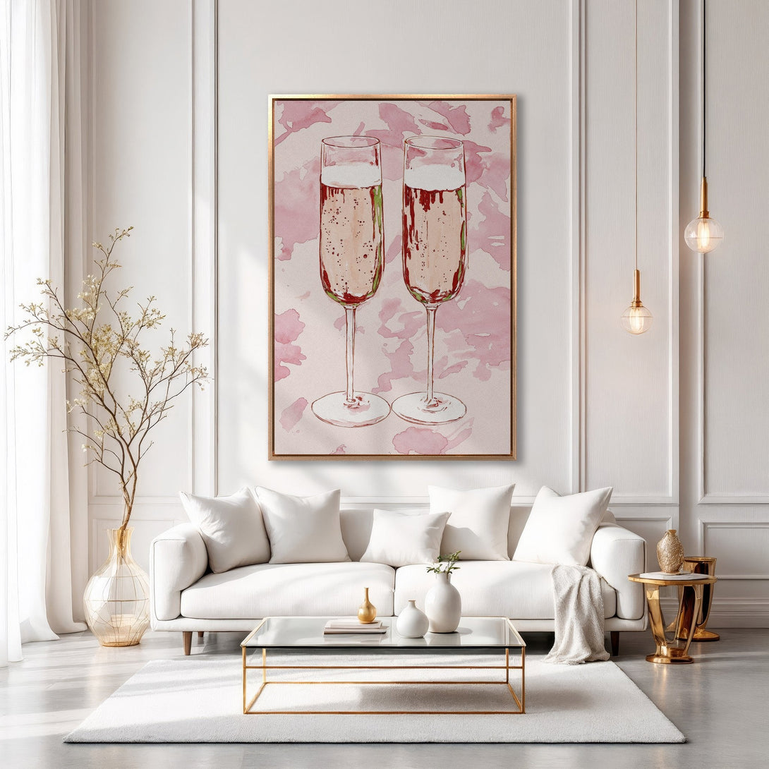 Framed Wall Art featuring champagne flutes in a watercolor style. Soft pink and gold hues create an elegant and inviting atmosphere. Perfect for home decor!