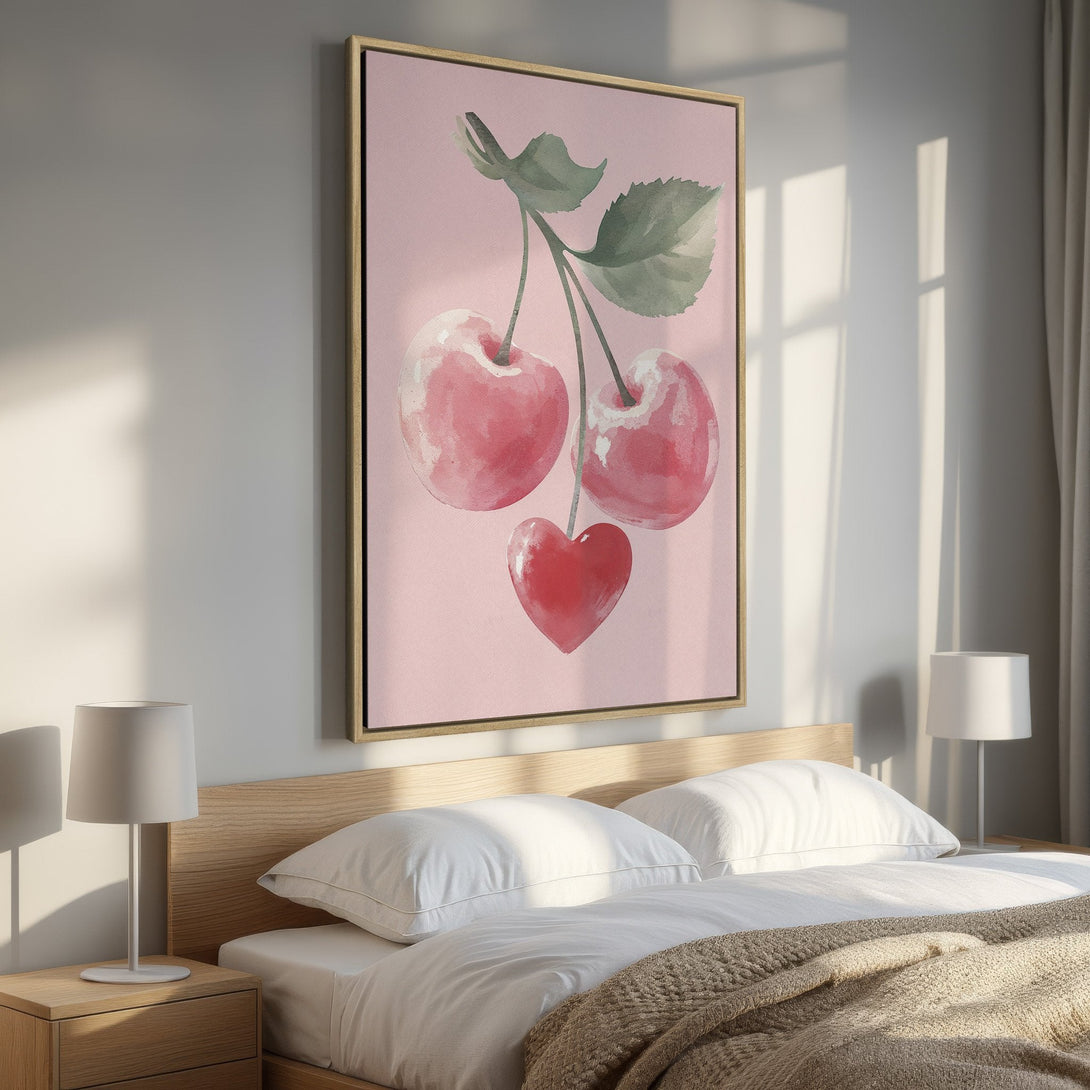 Framed Wall Art: Watercolor cherry print in a pink and red palette, adding a touch of charm to a bedroom. Perfect for modern home decor.