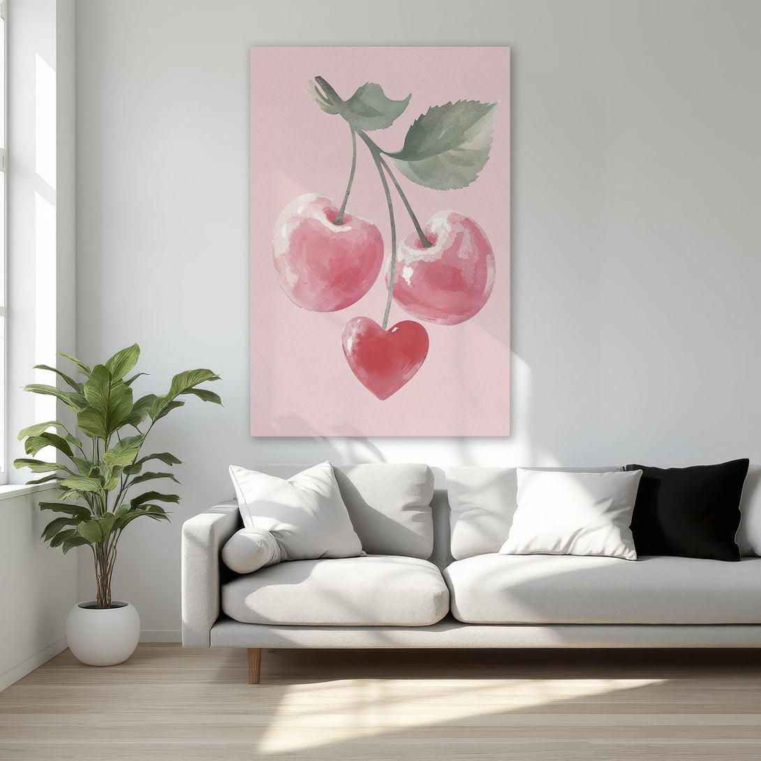 Framed Wall Art: Watercolor cherries on pink canvas. Modern botanical art with blush and green tones. Perfect for bedroom decor.