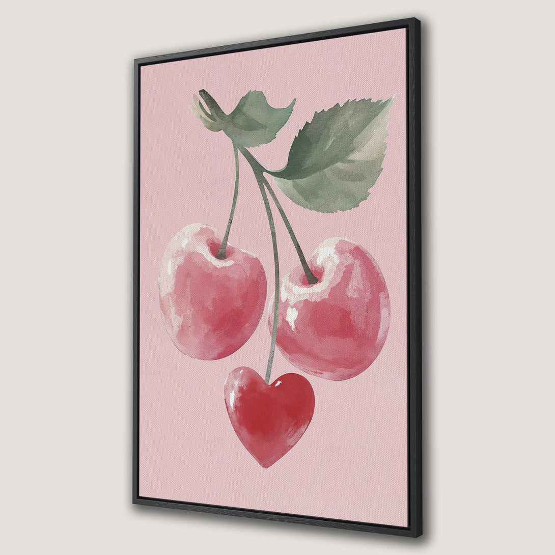 Framed Wall Art featuring watercolor cherries in shades of pink and red, perfect for adding a touch of romance to your home decor.