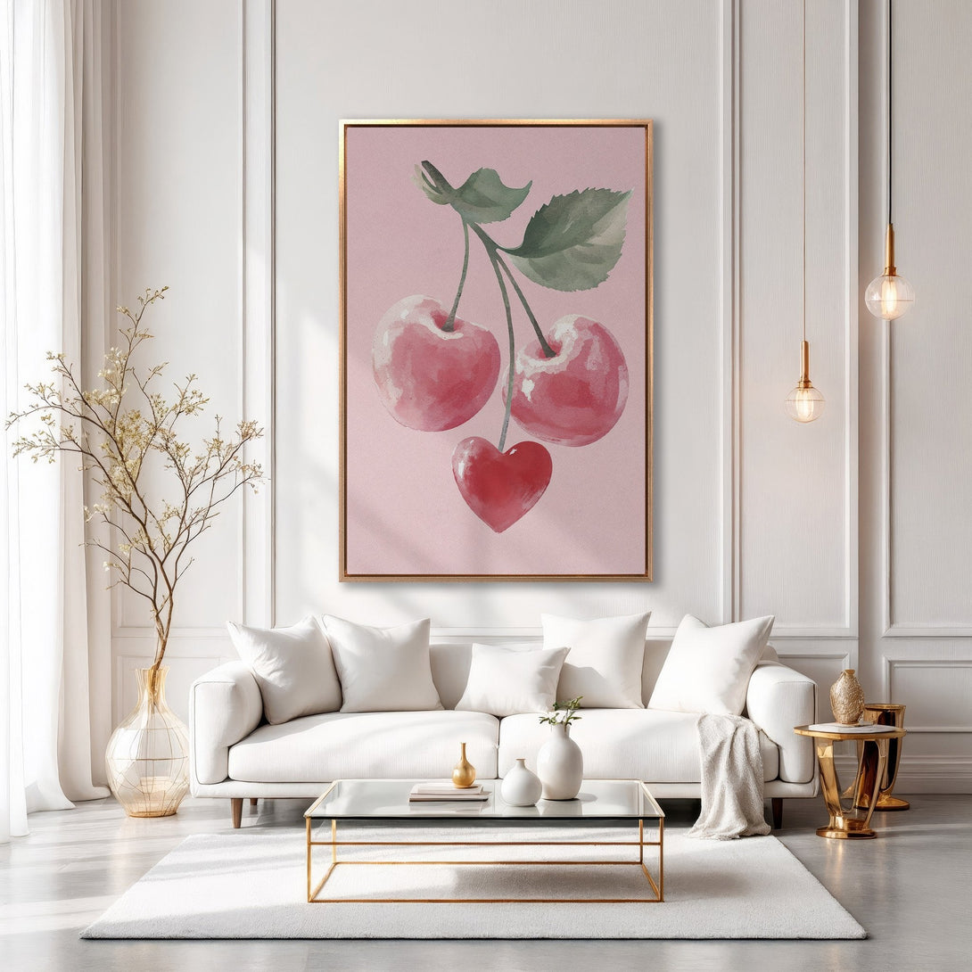 Framed Wall Art featuring watercolor cherries in a pink and green palette, displayed in a modern, bright interior. Perfect for adding a pop of color!