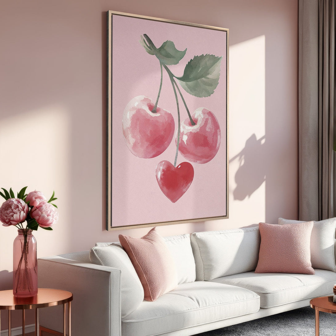 Framed Wall Art featuring watercolor cherries in a pink and green palette. Perfect for adding a touch of charm to any space!