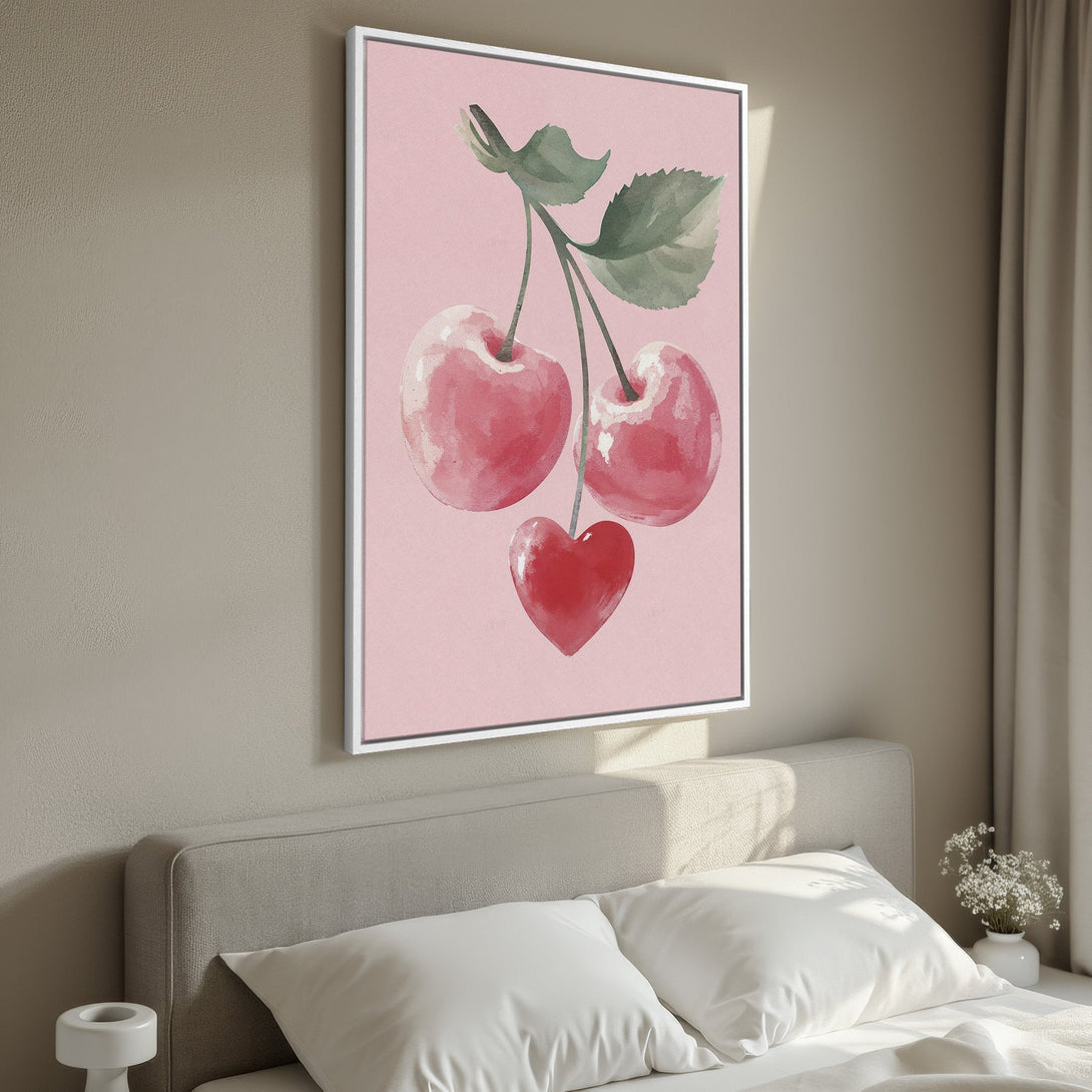 Framed Wall Art: Watercolor cherries on pink. Add a touch of sweetness to your space with this charming print in a soft, romantic color palette. Perfect for any room!