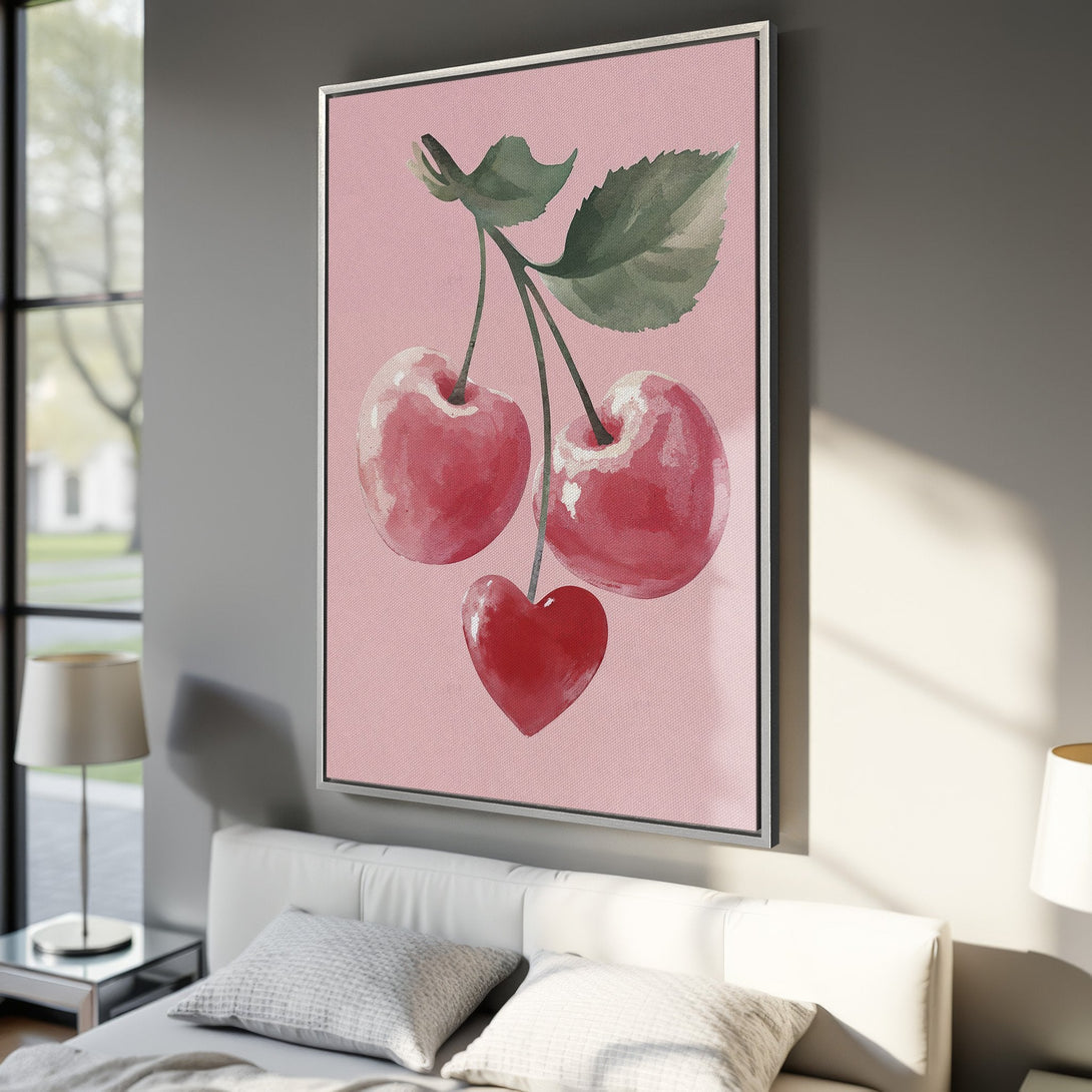 Framed Wall Art featuring watercolor cherries & heart. Pink & red color palette. Perfect for kitchen or bedroom decor. Shop now!