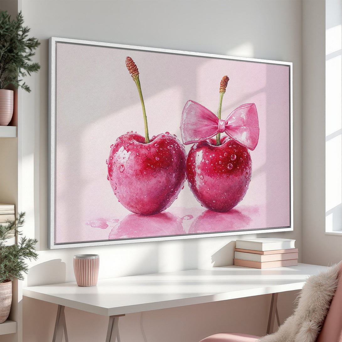 Framed Wall Art: Watercolor cherries with a pink bow. Elegant, romantic art in a soft pink color palette, perfect for a feminine space.