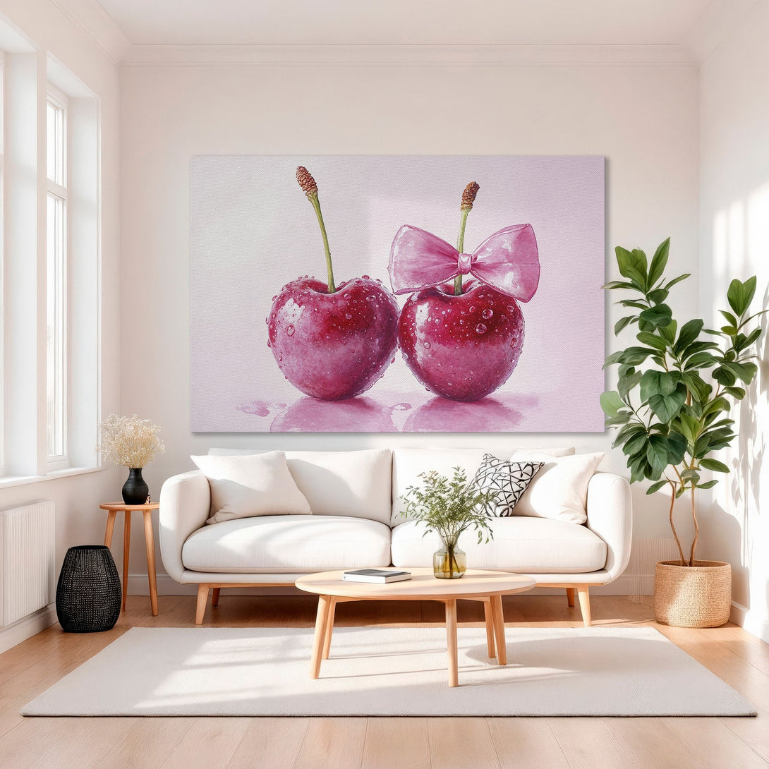 Framed Wall Art: Watercolor cherries with pink bow. Romantic art in a gold frame. Perfect for elegant home decor. Red and pink color palette.