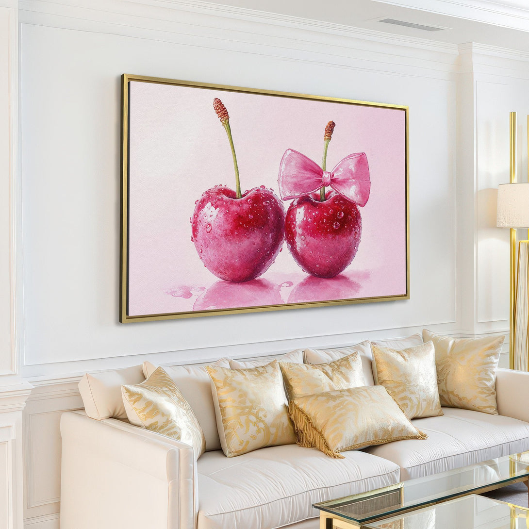 Canvas Print of luscious cherries with a pink bow, watercolor style, in a bright, modern interior. Pink and red color palette.