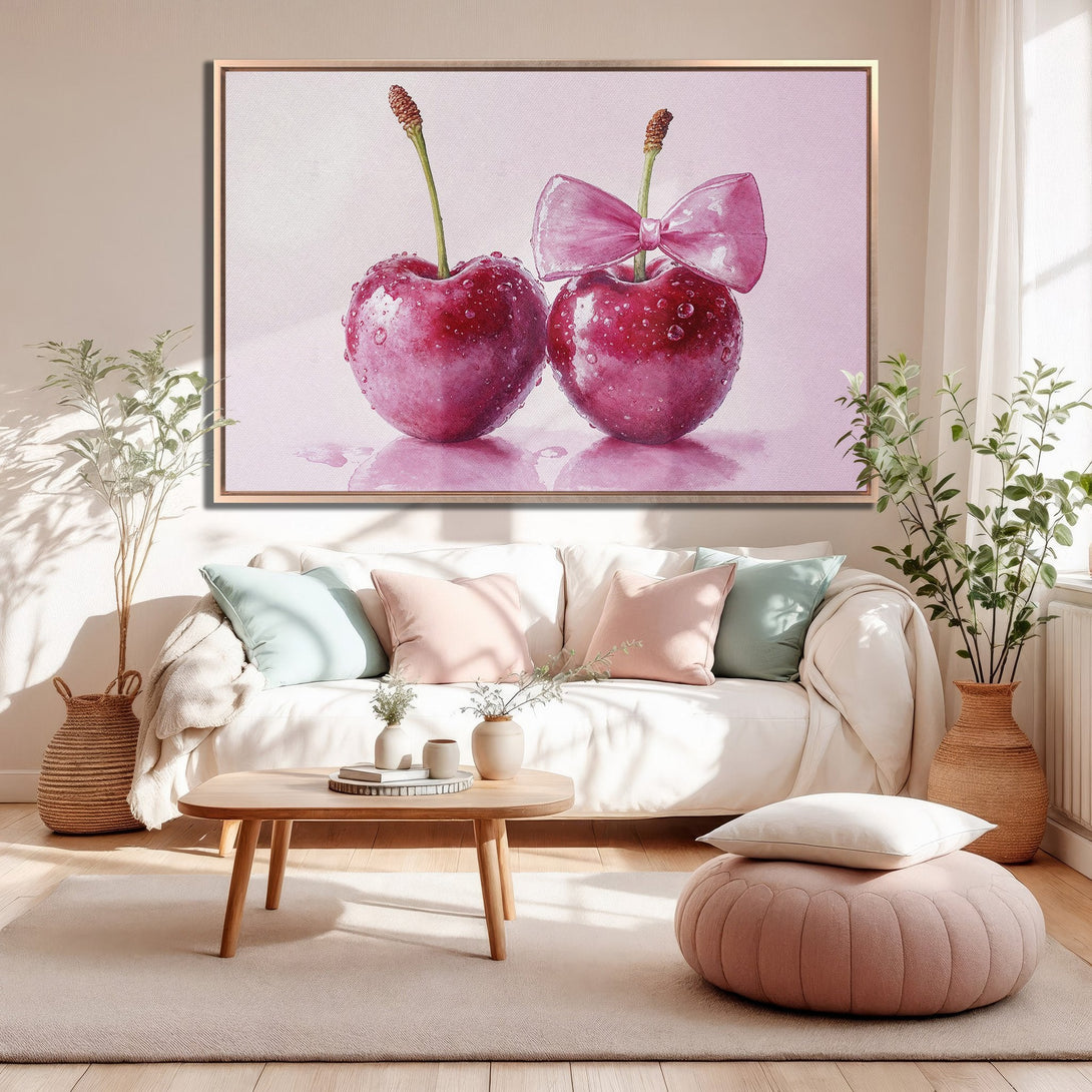 Framed Wall Art: Watercolor cherries with a pink bow, displayed in a cozy living room. Soft pink and red color palette, perfect for adding a touch of elegance.