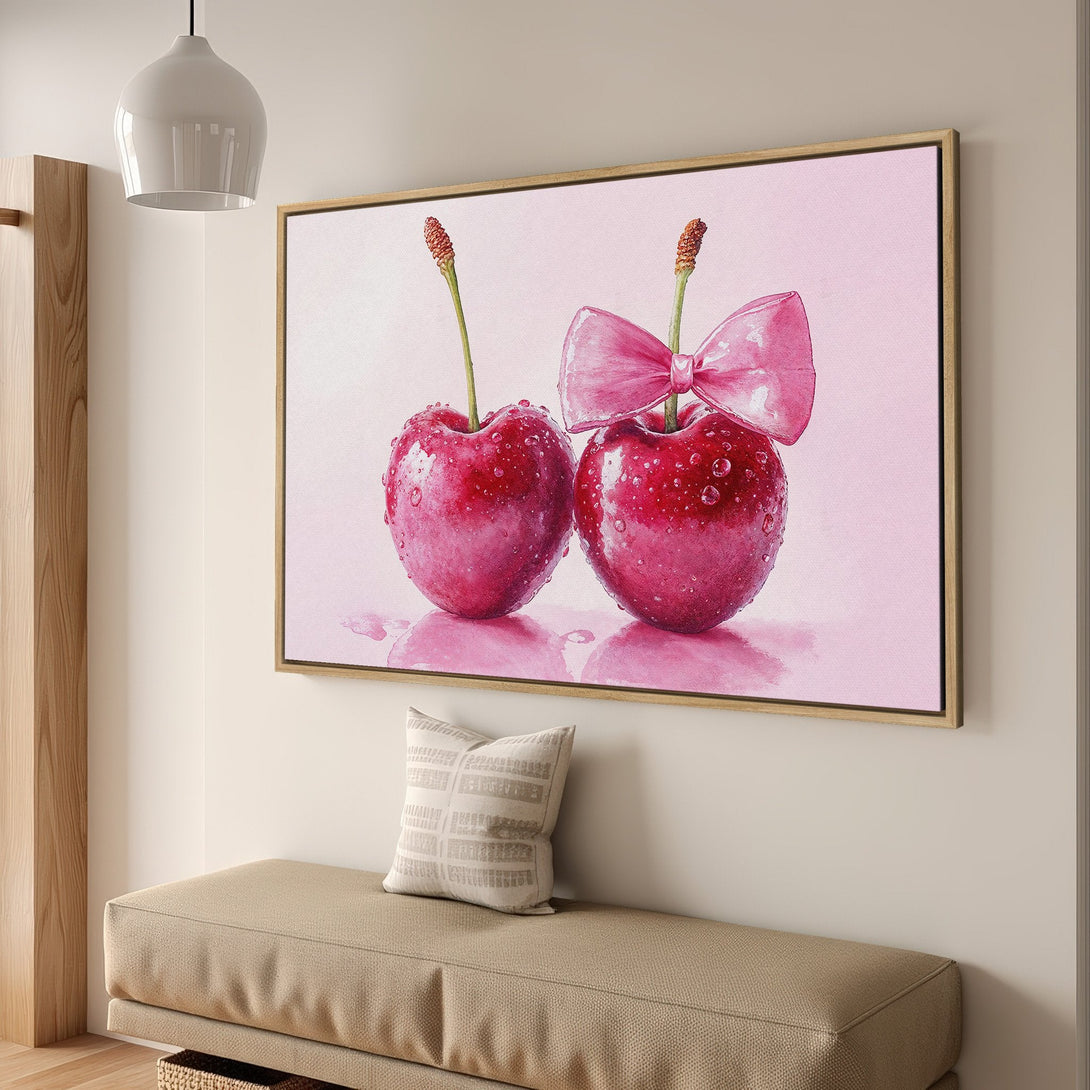 Framed Wall Art: Watercolor cherries with a bow in a pink palette. Perfect for kitchen or dining room decor. Add a touch of sweetness to your space!