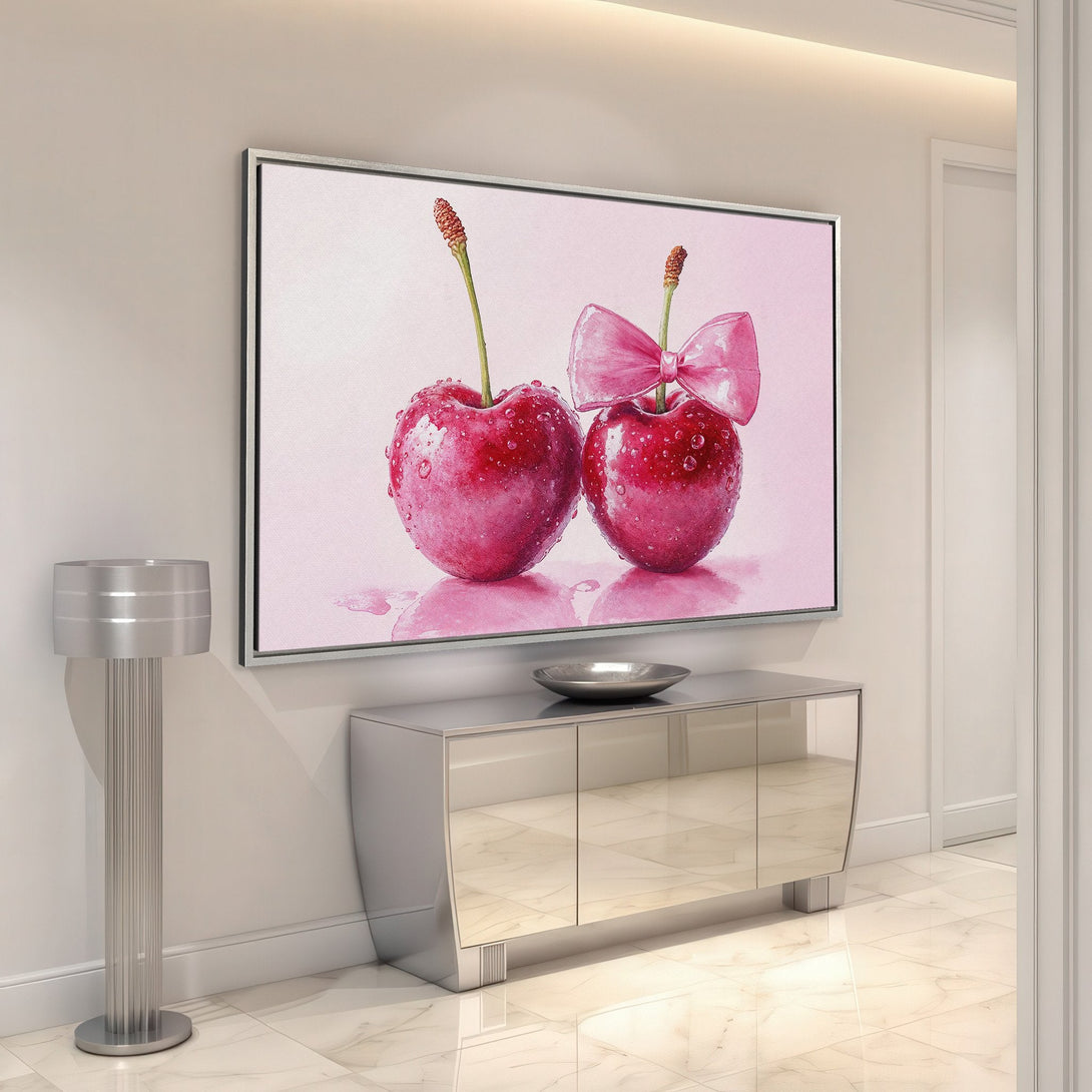 Framed Wall Art: Watercolor cherries with pink bow. Modern decor with a soft, pink and red color palette. Perfect for kitchen or dining room.