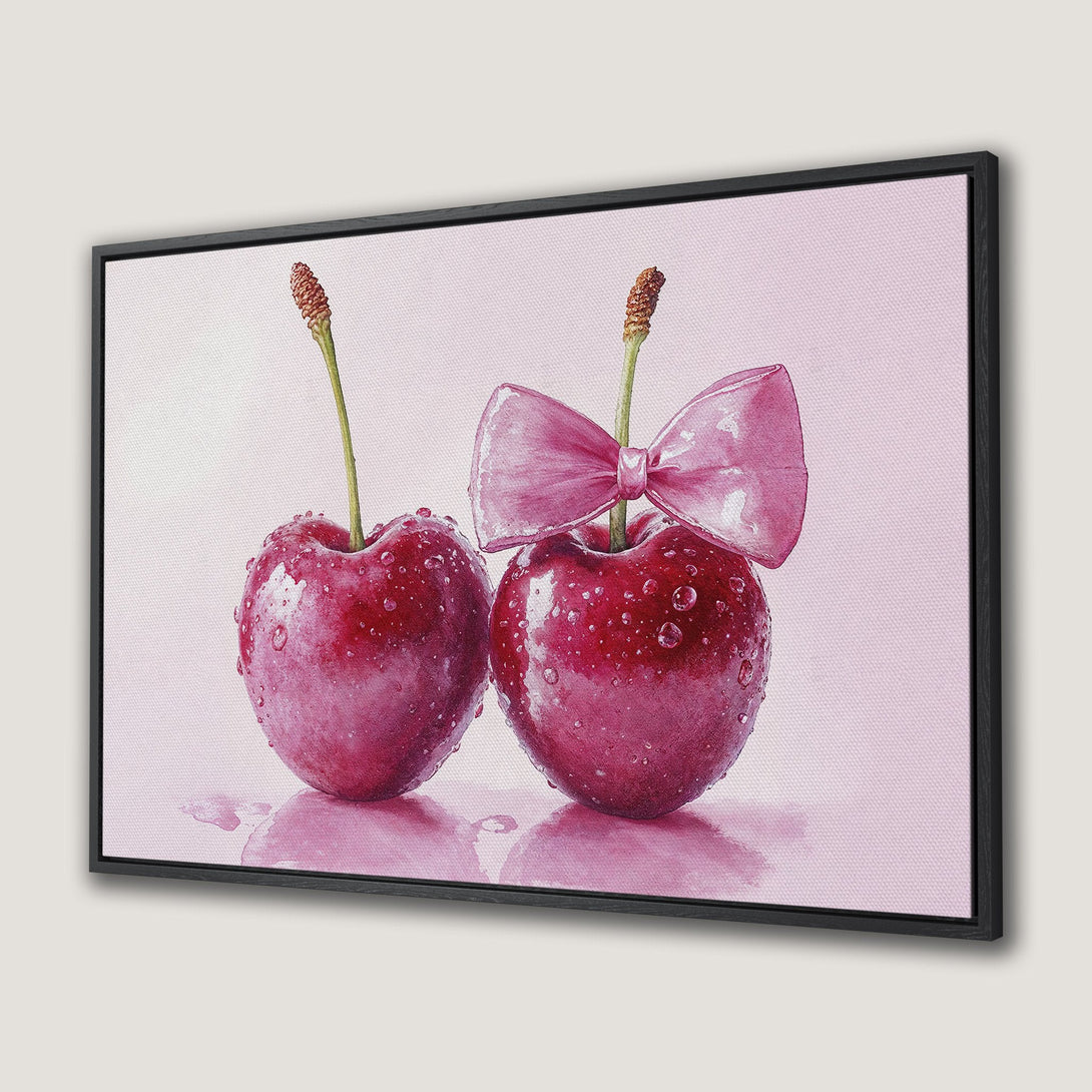 Framed Wall Art: Watercolor cherries with pink bow. Romantic, vibrant artwork in shades of red and pink. Perfect for kitchen or dining room decor.